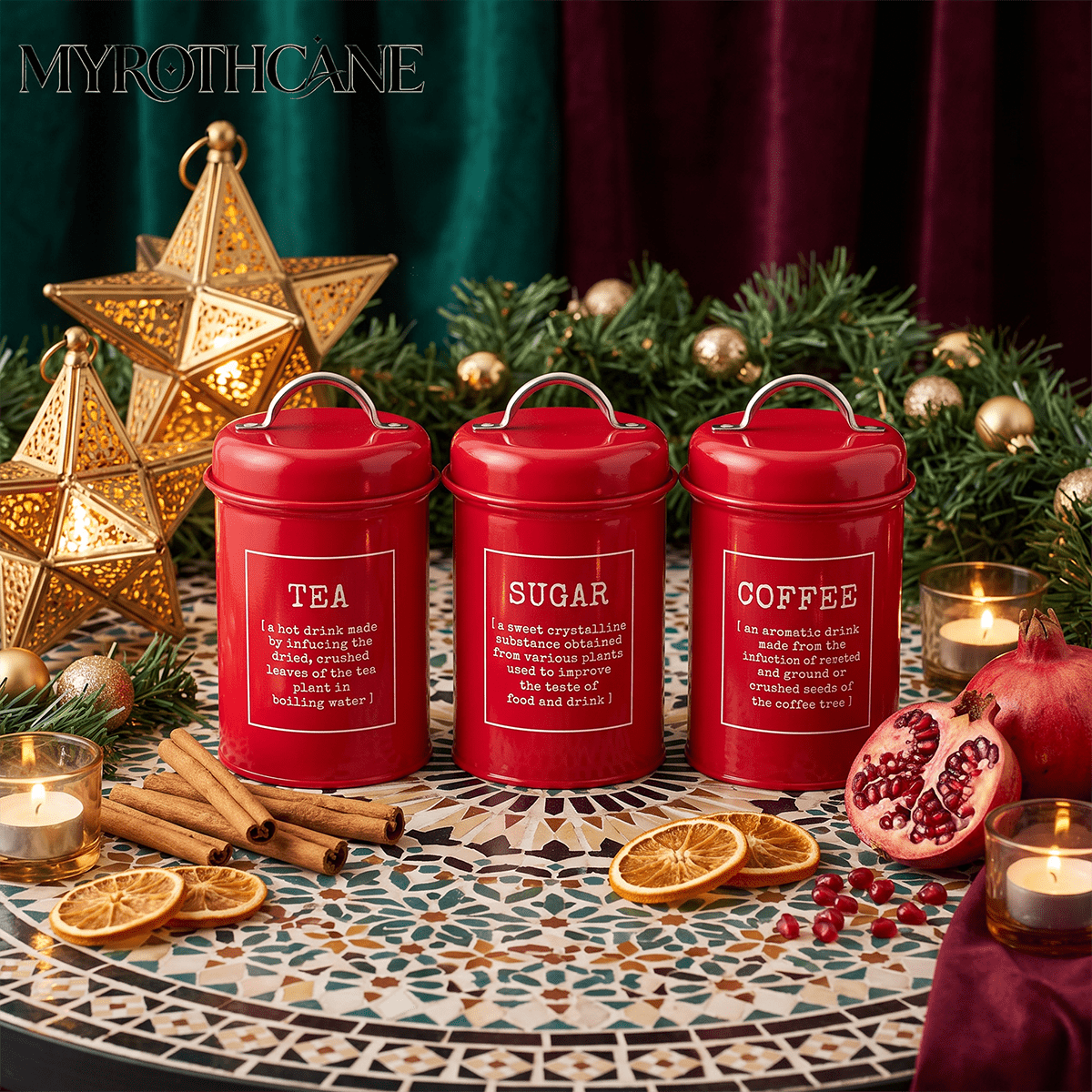 Myrothcane Set 3 Wadah Penyimpanan Logam Merah Natal & Halloween, Wadah Kedap Udara untuk Kopi, Teh, dan Gula dengan Tutup dan Pegangan, Wadah Penyimpanan Makanan Vintage untuk Meja Dapur, Cocok untuk Biji Kopi, Teh Daun, Gula Pasir, Wadah Penyimpanan Dapur Dekoratif