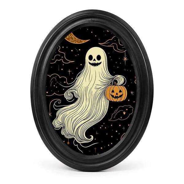 Khung ảnh nhựa resin 7.05x8.74 inch hình bí ngô ma và trăng lưỡi liềm, nghệ thuật hoạt hình Halloween đáng yêu rùng rợn, để bàn hoặc treo tường, trang trí phòng tiệc lễ hội