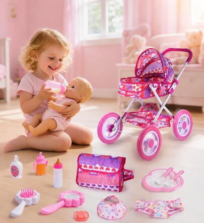 BABESIDE 10 Pcs Baby Doll Feeding Accessories Set For 12 Inch Dolls, Pretend Play Doll Stroller Accessories, Doll Not Included, Age 3+