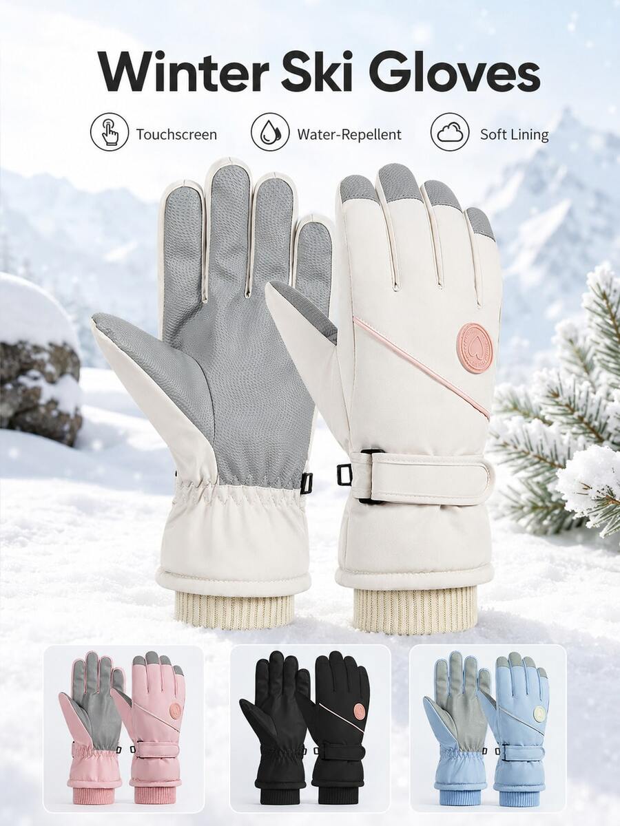 1 par de guantes de esquí de invierno para mujer, guantes cálidos con pantalla táctil, guantes de nieve a prueba de viento y resistentes al agua, forro suave, correa de muñeca ajustable, adecuados para deportes al aire libre, ciclismo, senderismo - Multicolor - Ver 1