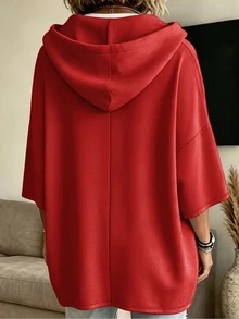Women's Plus Size Red Hooded T-Shirt, Loose Short Sleeve Knit Fabric, Autumn Street Casual Style - Red - View 2