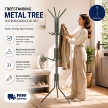 Aafan Freestanding Metal Coat Tree Rack, Multi Hook Clothes Stand Hanger For Hats Scarves Jackets, Sturdy Powder Coated Steel Tree Coat Rack For Entryway Bedroom Office, Space Saving Standing Garment Organizer, Grey - View 1