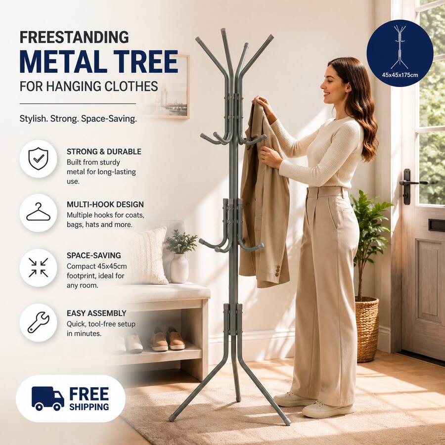 Aafan Freestanding Metal Coat Tree Rack, Multi Hook Clothes Stand Hanger For Hats Scarves Jackets, Sturdy Powder Coated Steel Tree Coat Rack For Entryway Bedroom Office, Space Saving Standing Garment Organizer, Grey - View 1