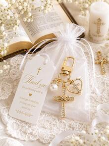 10/20 Sets Gold Cross Faith Keychains Party Favors With Pearls, Suitable For Baptism, First Communion, Christening, Confirmation, Birthday Gifts - Multicolor - View 3