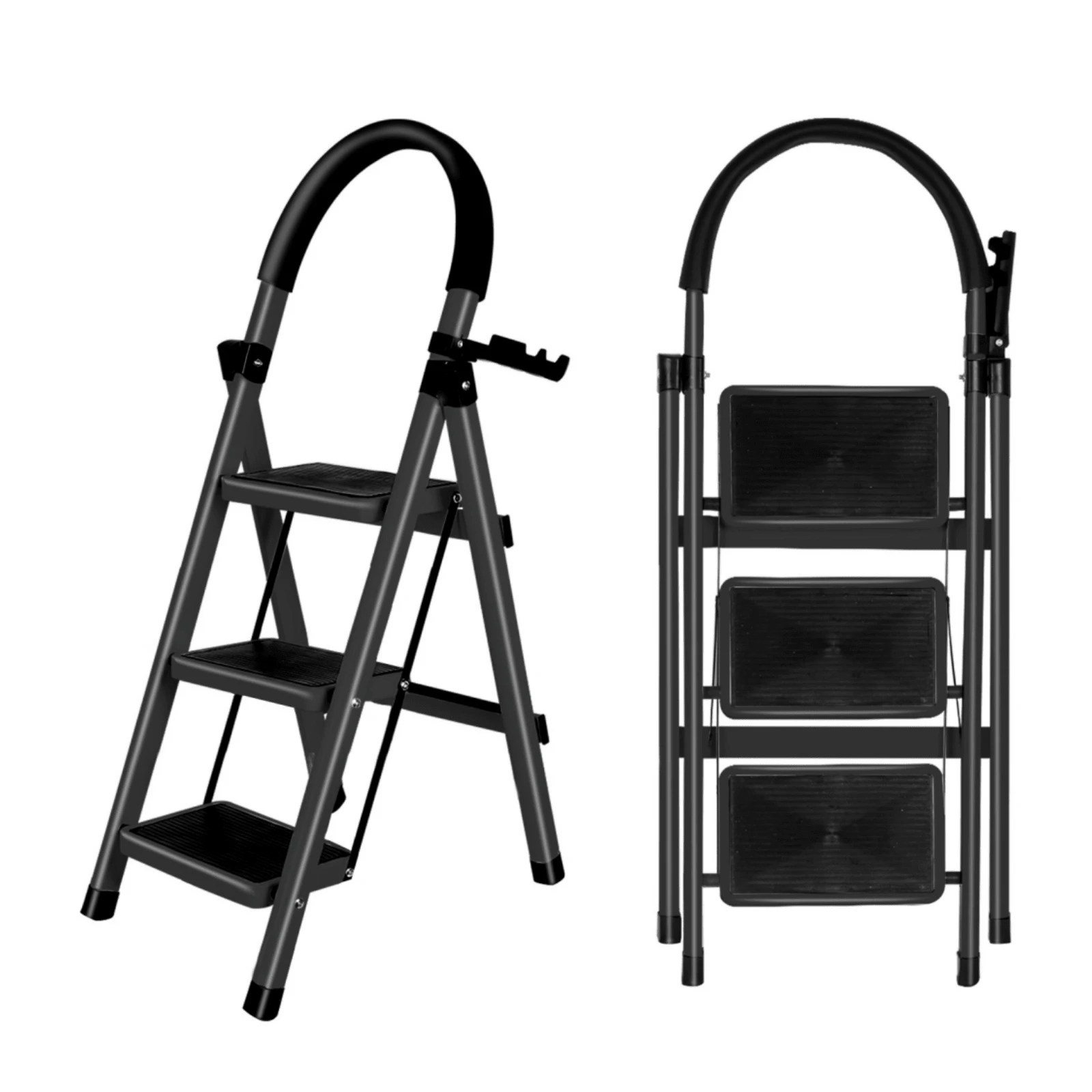 Folding Step Ladder 3 Steps, Heavy Duty Folding Step Ladder, 150kg Load, Small Folding Ladder With Non-Slip Steps, Household Ladder For Kitchen, Home And Garden - 3-step Black - View 1