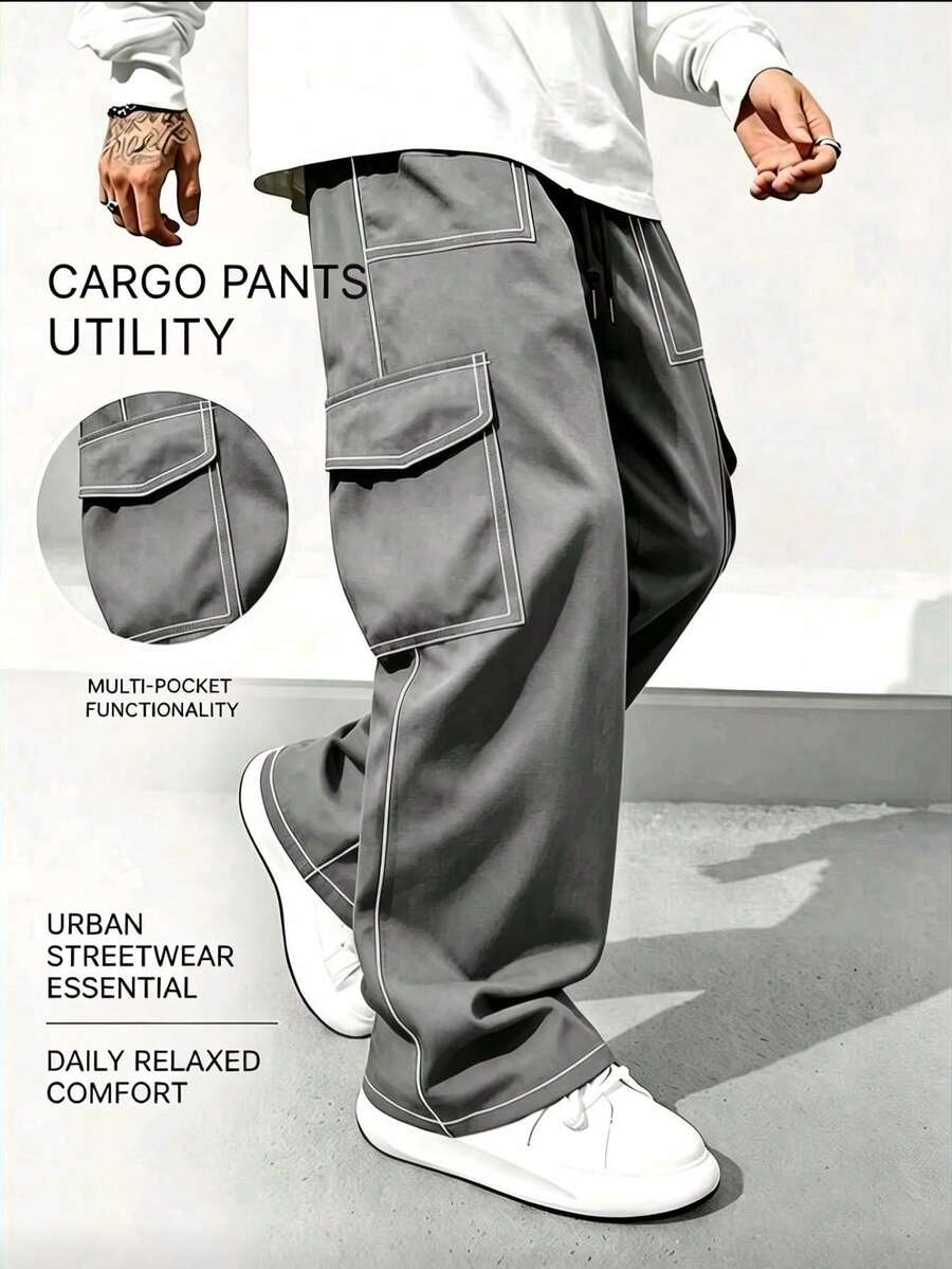 Men's Grey All-Season Fashion Striped Multi-Pocket Sports Outdoor Climbing Work Pants - Grey - View 1
