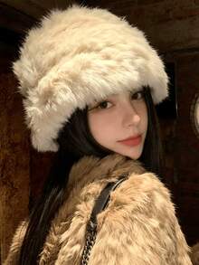 1件人造兔毛可調節水桶帽，女款秋冬百搭保暖大頭圍水桶帽，純色毛絨水桶帽 - 絨毛 - 查看 6