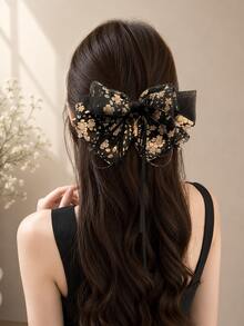 topshiny Black Floral Chiffon Bow Snap Hair Clip With Long Ribbon Tail, Elegant Chiffon Bow French Style Hair Clip, Ponytail Hair Accessory For Women - Black - View 3