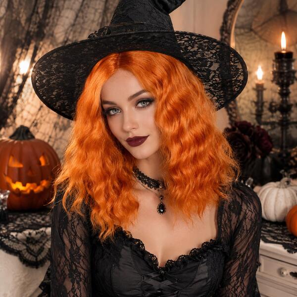 Orange Medium-Length Wavy Women's Wig, Shoulder-Length Loose Curly Synthetic Fiber Hair, Natural Hairline, Heat-Resistant Cosplay Wig, Suitable For Halloween Witch Cosplay Party Festival