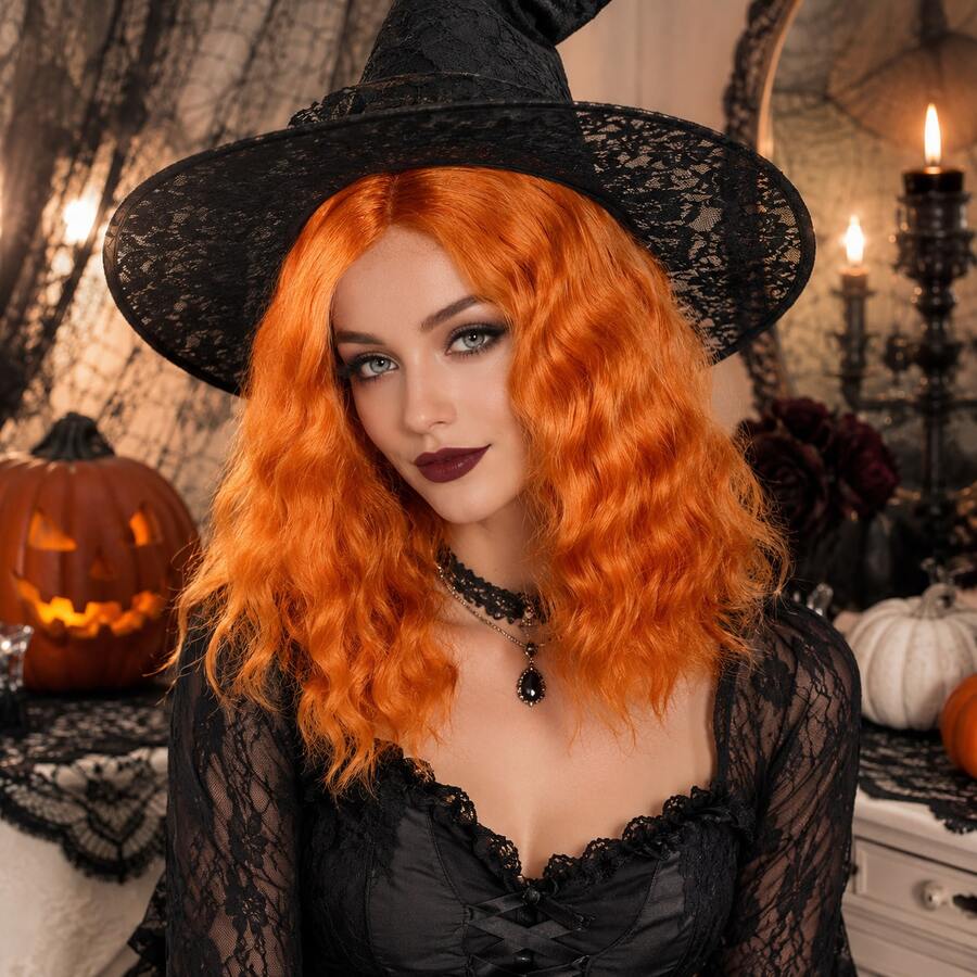 Peruca Feminina Laranja de Comprimento Médio Ondulada, Cabelo Sintético de Fibra Solto e Encaracolado na Altura dos Ombros, Linha de Cabelo Natural, Peruca de Cosplay Resistente ao Calor, Adequada para Festa de Halloween, Bruxa, Cosplay e Festival - Multicolorido - Visão 1