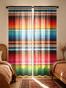 2pcs Digital Printed Curtains, Mexican Style Colorful Striped Print, Bohemian Style Curtains - Multicolor - View 2