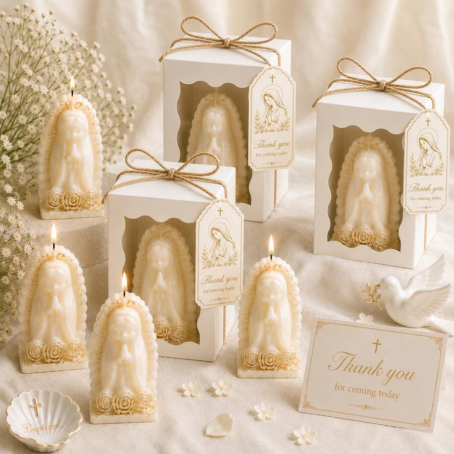 10 Sets Virgin Mary Candle Favor Gift Set, Includes Gift Box And Card, Gold Religious Baptism Party Favors, Suitable For Baby Baptism, First Communion, Church Celebration - White & Gold - View 1