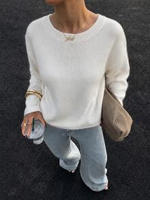 Women's White Long Sleeve Round Neck Drop Shoulder Knitted Top, Cozy Regular Length Pullover For Fall - Apricot - View 5