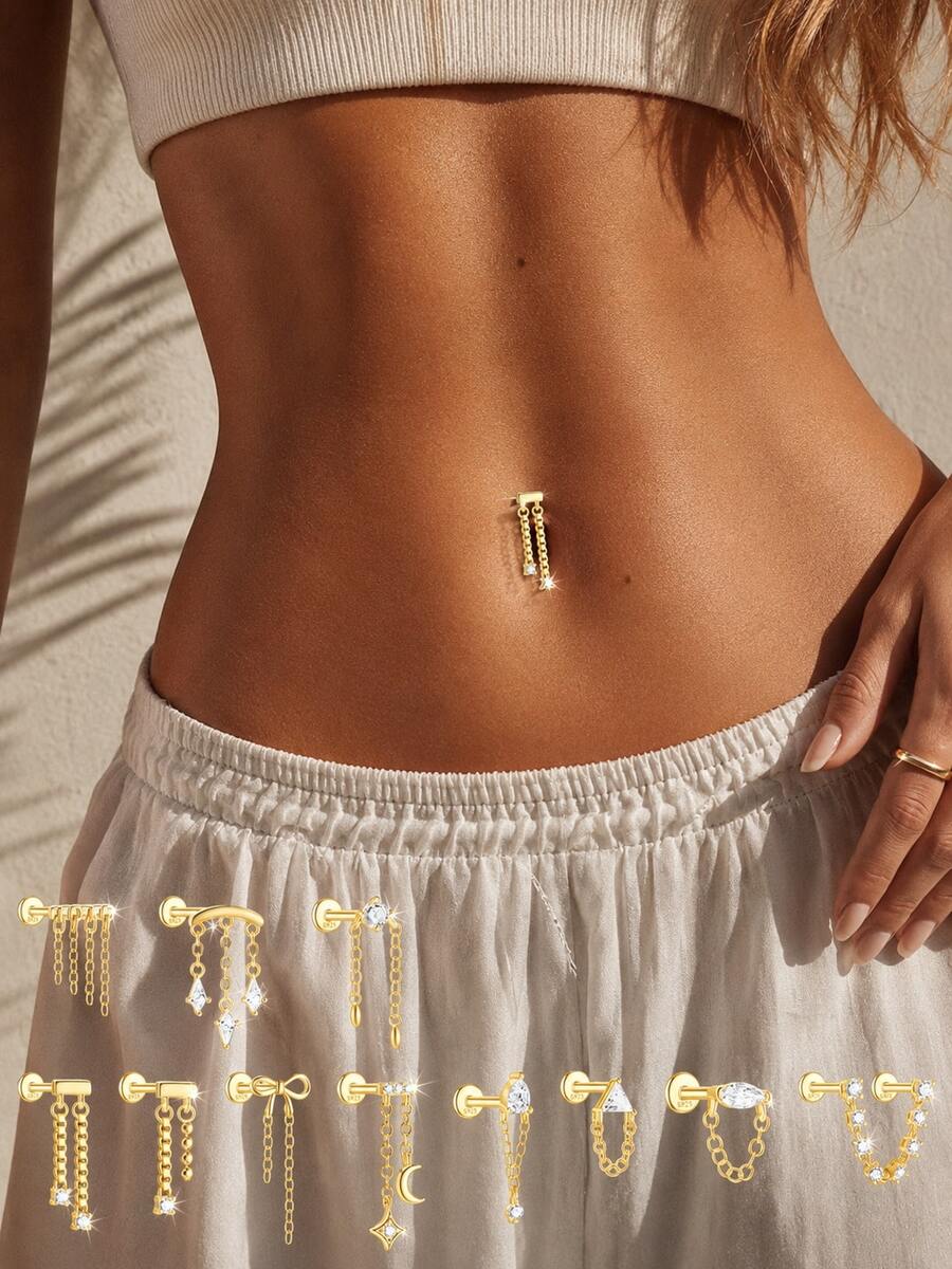 1pc 925 Sterling Silver Women's Navel Ring With CZ Pendant Chain Tassel Belly Piercing Jewelry, Mini Cute Sexy Body Piercing Stud - Single - View 1