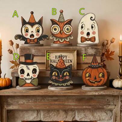 Vintage Halloween Decor For Indoor, Vintage Wooden Block Shelf Decoration, Cute Ghost, Pumpkin, Black Cat, Skeleton, Witch Owl, Party Decoration Gift