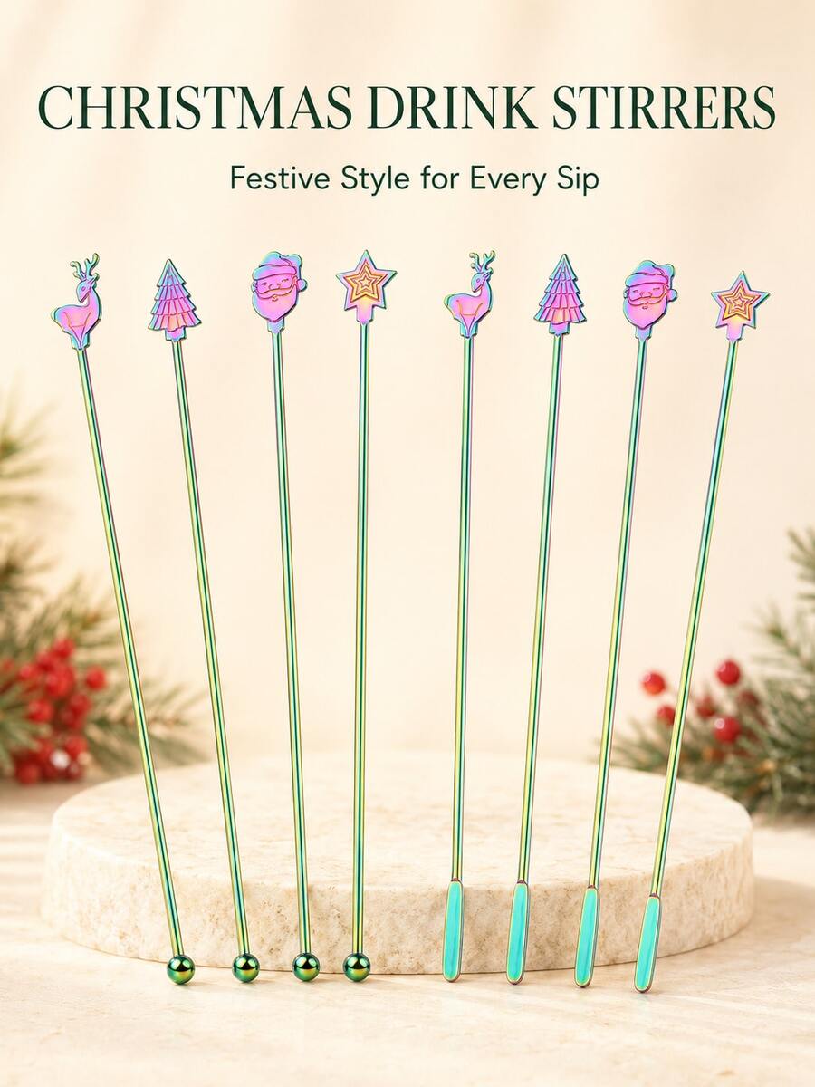 8 cây khuấy đồ uống cán dài Giáng Sinh hình tuần, cây thông, ông già Noel, ngôi sao cho cocktail và cà phê - Nhiều màu - Xem 1