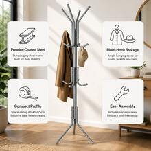 Aafan Freestanding Metal Coat Tree Rack, Multi Hook Clothes Stand Hanger For Hats Scarves Jackets, Sturdy Powder Coated Steel Tree Coat Rack For Entryway Bedroom Office, Space Saving Standing Garment Organizer, Grey - View 3