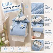 Penutup Kotak Tisu Kain Berbentuk Rumah dengan Gantungan dan Aplikasi Bunga, Kotak Penyimpanan Tisu Dekoratif yang Lucu, Cocok untuk Kamar Mandi, Kamar Tidur, Kamar Anak, Meja Rias, dan Kantor, Sesuai untuk Kotak Tisu Persegi Panjang Standar, Hadiah Menawan untuk Pecinta Dekorasi Rumah - Baby Blue - View 1