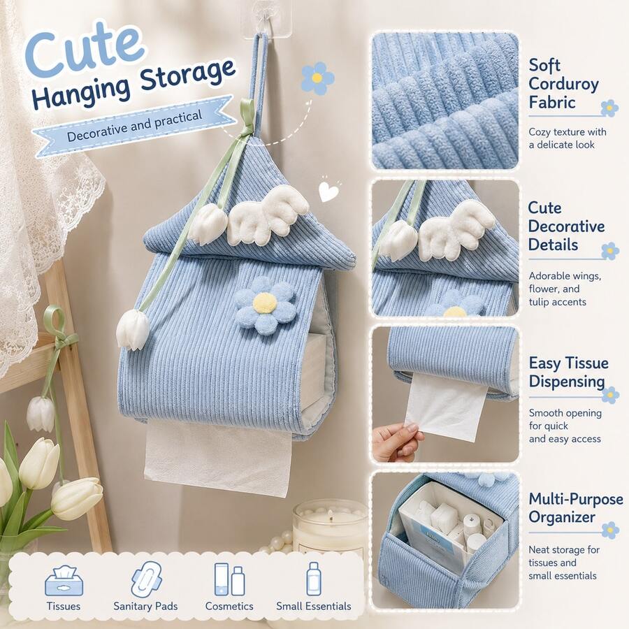 Penutup Kotak Tisu Kain Berbentuk Rumah dengan Gantungan dan Aplikasi Bunga, Kotak Penyimpanan Tisu Dekoratif yang Lucu, Cocok untuk Kamar Mandi, Kamar Tidur, Kamar Anak, Meja Rias, dan Kantor, Sesuai untuk Kotak Tisu Persegi Panjang Standar, Hadiah Menawan untuk Pecinta Dekorasi Rumah - Baby Blue - View 1