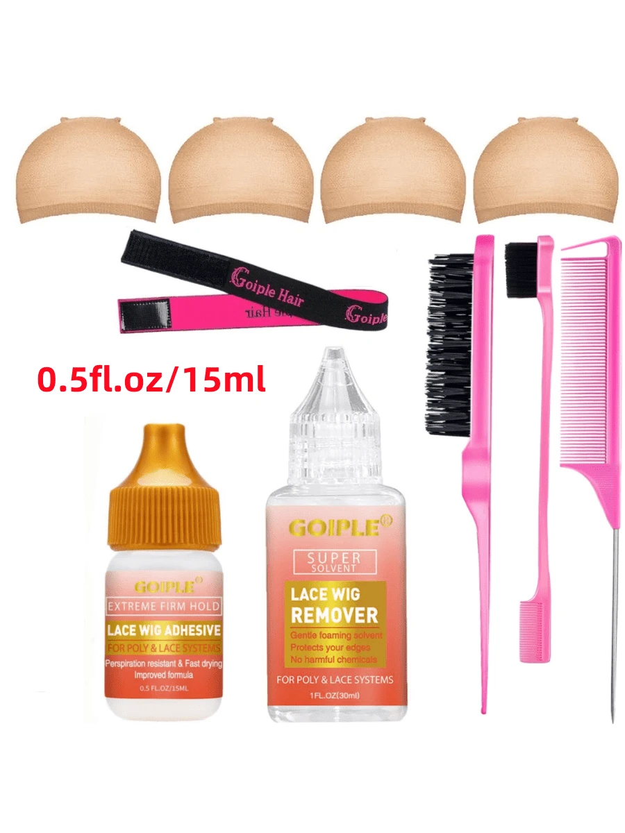 Goiple 15ml/38ml 防水假髮膠水套組，無縫貼合假髮，包含 1 包 2 個假髮帽、髮際線控制刷、髮線梳、10 件假髮安裝工具配件，多種組合套裝可選，萬聖節