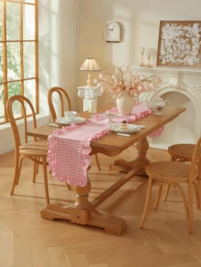 1/20PCS French Style Plaid Vintage Ruffle Edge Table Runner, Suitable For Living Room, Dining Room, Holiday Party, Family Gathering, Wedding Banquet, Birthday Table Decoration, Washable - Pink - View 4