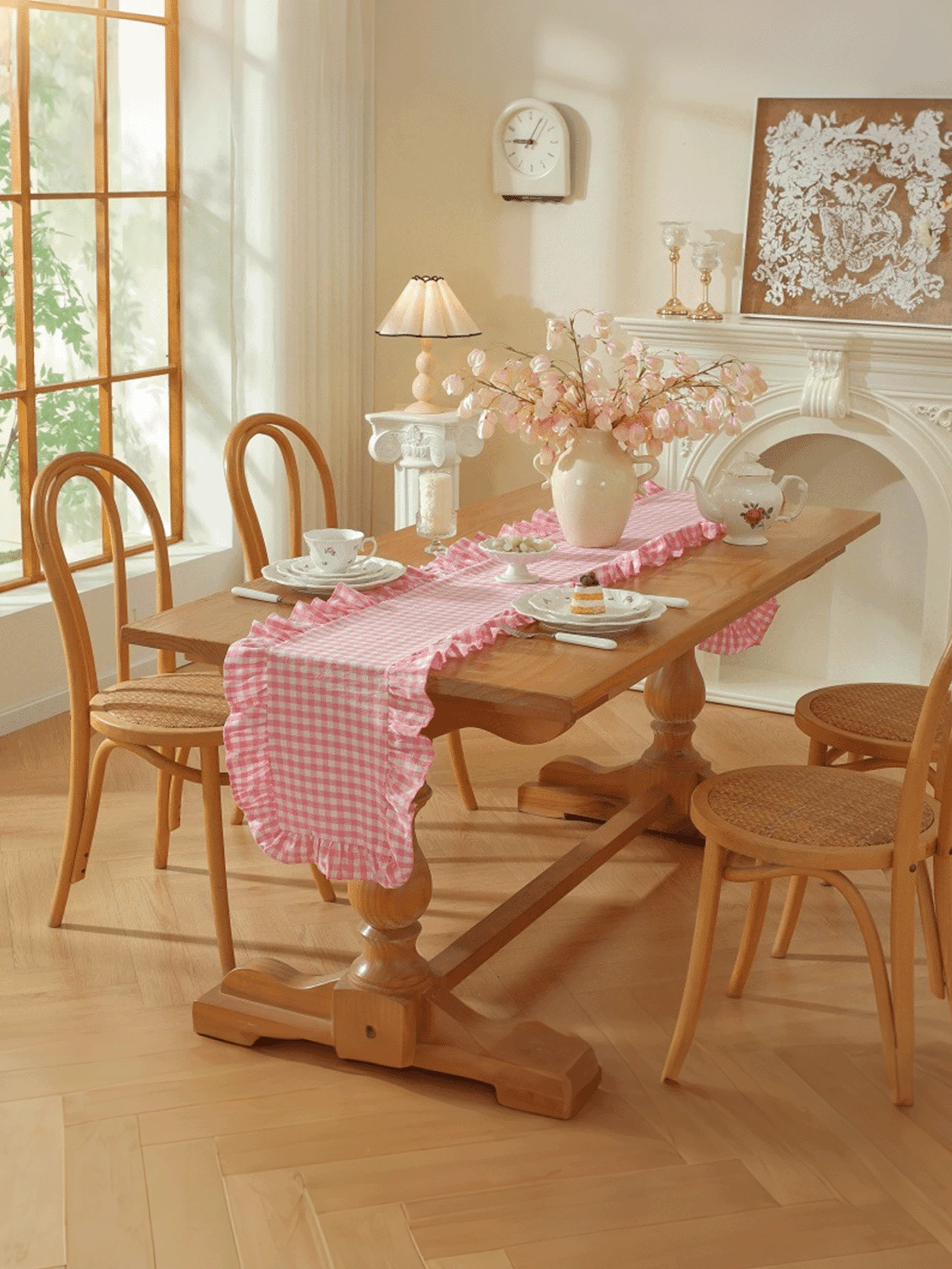 1/20PCS French Style Plaid Vintage Ruffle Edge Table Runner, Suitable For Living Room, Dining Room, Holiday Party, Family Gathering, Wedding Banquet, Birthday Table Decoration, Washable - Pink - View 1