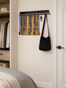 1pc Black Metal Medal Display Rack, Wall-Mounted Medal Hanger With 20 Hooks And Ribbon Storage, Includes Key Hooks, Large Capacity Sports Award Storage Rack, Suitable For Home Gym, Entryway, Bedroom, Back To School Athlete Gift - Black - View 2