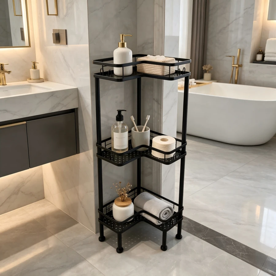 1PC Bathroom Corner Storage Rack, Wall Corner Three-Tier Triangle Shower Shelf With Soap Holder And 2 Hooks, Large Capacity Corner Rack Suitable For Bathroom, Lounge - Black - View 1