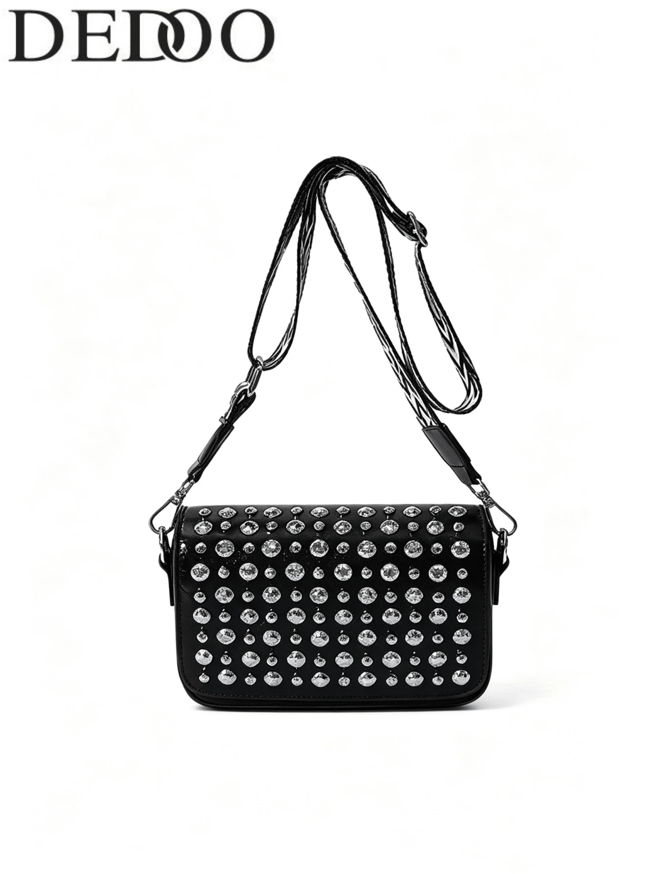 Dedoo Rhinestone Decor Faux Leather Rectangle Crossbody Bag, Wide Printed Adjustable Strap Glam Small Shoulder Purse Dating Party Daily Shopping