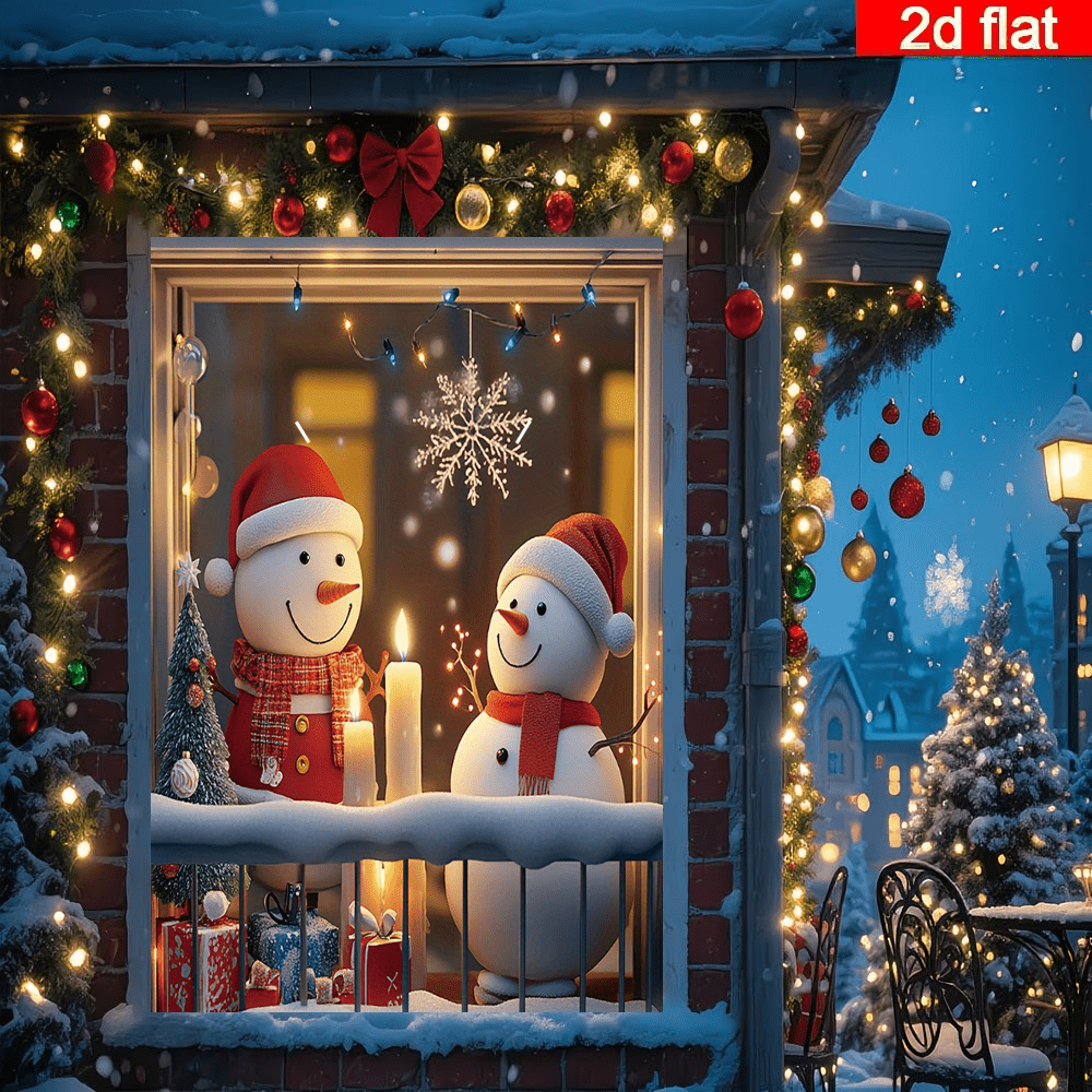2D Flat Snowman Window Backdrop, Two Cute Snowmen With Red Plaid Scarves And Red Hats, Accompanied By Candles, Mini Christmas Trees, Snowflake Ornaments And Gift Boxes, Warm Yellow Light And Snowy Scene Blended, Creating A Cozy Christmas Atmosphere, Suitable For Christmas Parties, Holiday Gatherings, Wall Decor, Photography Backgrounds, Durable Polyester Material Without Odor, Suitable For Indoor And Outdoor Multiple Scenes, Easily Create A Romantic And Dreamy Christmas Scene, No Power Needed To Light Up The Holiday Atmosphere, Adding A Warm Couplet Feeling To Various Christmas Themed Activities, A High-Quality Choice For Christmas Decorations.