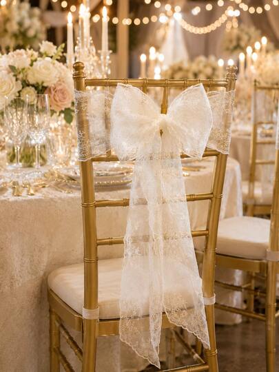 1pc Luxury Embroidered Lace Chair Back Sash With Oversized Organza Bow, Elegant Wedding Chair Decor For Reception, Ceremony, Bridal Shower And Party, Reusable Chiavari Chair Decoration For Indoor And Outdoor Wedding Banquet