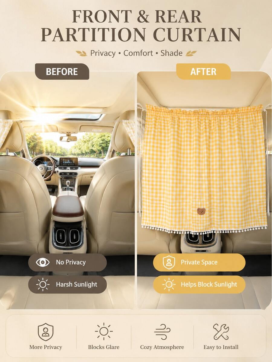 Universal Plaid Pattern Car Privacy Divider Curtain, Front And Rear Seat Divider Sunshade, Adjustable Blackout Screen, Suitable For SUV, Sedan, MPV, Car Sunshade, Anti-UV Window Curtain, Car Accessories, Car Decoration, Car Interior Accessories