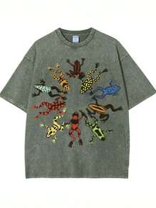 Summer Tops, Washed Cotton, Dancing Frog Feast Print T-Shirt, High-Quality Batik Cotton Vintage Fashion Brand T-Shirt, Unisex T-Shirt, Popular Daily W - GN01 - 查看 1