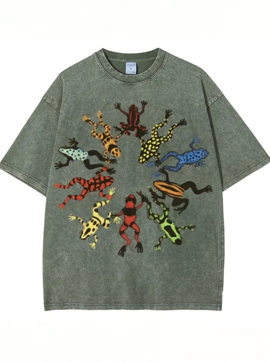 Summer Tops, Washed Cotton, Dancing Frog Feast Print T-Shirt, High-Quality Batik Cotton Vintage Fashion Brand T-Shirt, Unisex T-Shirt, Popular Daily W - GN01 - 查看 1