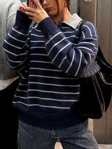 Hot Girl Retro College Striped Collared Button-Down Soft Knit Casual Sweater - Royal Blue - View 5