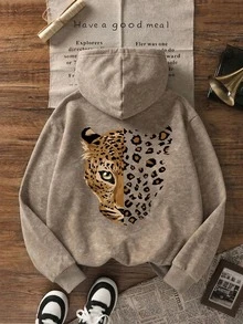 Sweatshirt Wanita Motif Vintage Washed, Sweatshirt Pullover Longgar Berlapisan Fleece Tebal, Motif Leopard Gaya Streetwear Musim Gugur/Dingin - Khaki - View 5