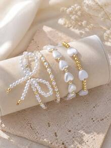 4pcs Minimalist Elegant Faux Pearl Bow Heart Beaded Women's Bracelet Set, Stackable, Suitable For Daily Wear Or Party - White - View 2
