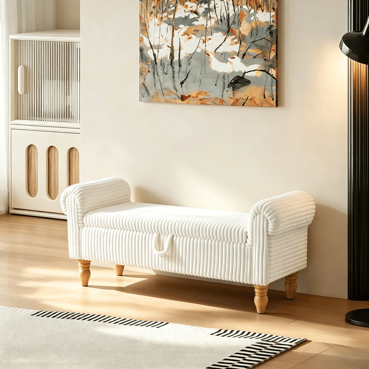 51.5" Storage Ottoman Bench For Bedroom, Mid-Century Upholstered End-Of-Bed Bench With Storage & Rolled Arms, Corduroy Storage Chest Footrest Window Seat Shoe Cabinet Stool Accent Chair For Entryway Living Room, White Back To School Dormitory Storage - White-Corduroy - 查看 1
