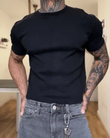 Men's Casual T-Shirt Slim Fit Basic Social Fashion - 黑色 - 查看 2