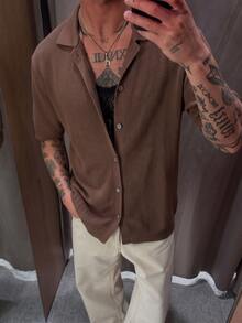 Men's Summer Casual Short Sleeve Knit Cardigan, Comfortable Basic Everyday Top, Suitable For Home, Outdoor, Beach Vacation, Perfect Gift For Husband - Brown - View 3