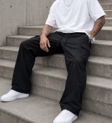 MEN'S CARGO STREET PANTS DARK KHAKI Cargo Twill With Elastics - Black - View 4