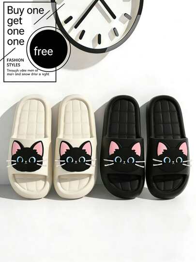 1 Pair 3D Black Cat Head Cartoon Slippers, Black & White Classic Color Cat Head House Slippers, Suitable For Home, Bathroom, Outdoor, Beach Wear, Girly Style, Home Essential, Soft & Firm