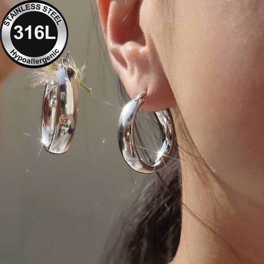 高品質耐褪色不鏽鋼耳環，316L低過敏耳針，時尚極簡經典珠寶耳環，適合日常配戴 - 銀色 - 查看 1