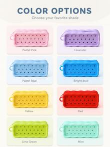 1pc Cute Back To School Pencil Case, Solid Color Perforated Round Holes & Wavy Edge Design, Rectangular Zipper Silicone Pencil Pouch With Carrying Loop, Large Capacity Stationery Storage Bag, Essential For Students Campus And Daily Use - Multicolor - View 2