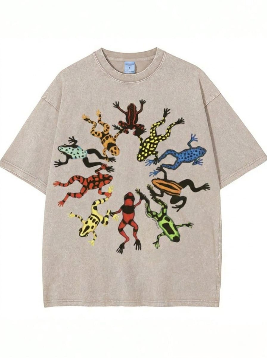 Summer Tops, Washed Cotton, Dancing Frog Feast Print T-Shirt, High-Quality Batik Cotton Vintage Fashion Brand T-Shirt, Unisex T-Shirt, Popular Daily W - AP01 - 查看 1