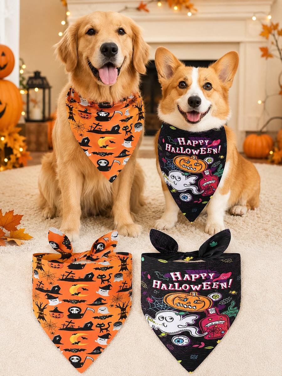 2er Set Halloween Hundebandana, Kürbis Geist Fledermaus Muster zum Binden Dreiecksschals für mittelgroße und große Hunde, Halloween Haustier Kostüm Party & Foto Accessoires - Verschiedenfarbig - Übersicht 1