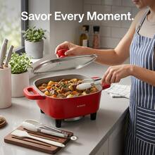 AORAN All-In-One Square Electric Cooker, Ceramic Non-Stick Electric Skillet Hot Pot With Stay-Cool Handles, Glass Lid, Bonus Silicone Cooking Tools For Steaming, Frying, Braising & Hotpot - US A Type Plug(110-127V) - View 7