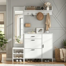 Hall Tree For Entryway, Including Shoe Cabinet, Mirror And Coat Hooks, Multifunctional Shoe Cabinet With Shoe Change Bench, For Hallway Entryway, White, 140x30x200cm - White - View 9