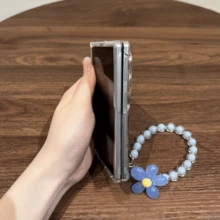 Korean Style Cute Blue & Pink Floral Pleated Transparent Phone Case With Flower Chain, Compatible With Samsung Galaxy Z Fold 8 Wide ZFold8 Back Cover - Transparent + Blue Flower Chain - View 8