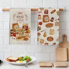 2件裝烘焙主題「BAKE WITH LOVE」圖案廚房抹布，40*60cm 柔軟超細纖維材質茶巾，適用於居家廚房、餐廳、戶外露營桌面清潔，洗碗布手巾配件，鄉村風廚房節日禮物 - 彩色 - 查看 7